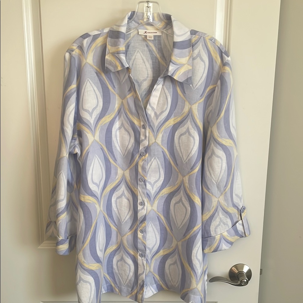 JM Collection 100% linen lavender/blue & yellow patterned Button-Up Tunic